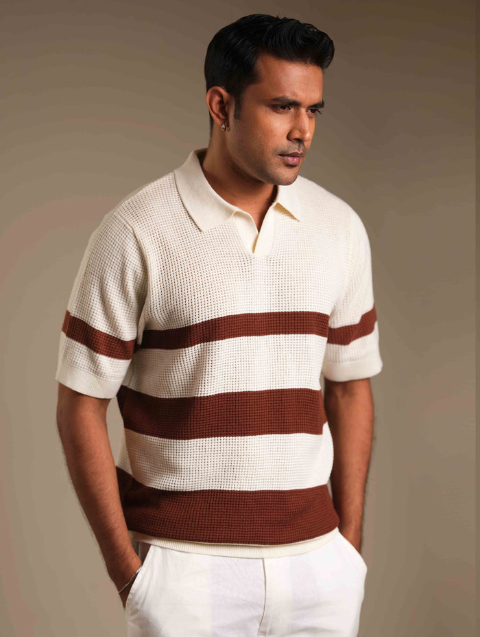 Cream - Coffee Stripe Knit Polo