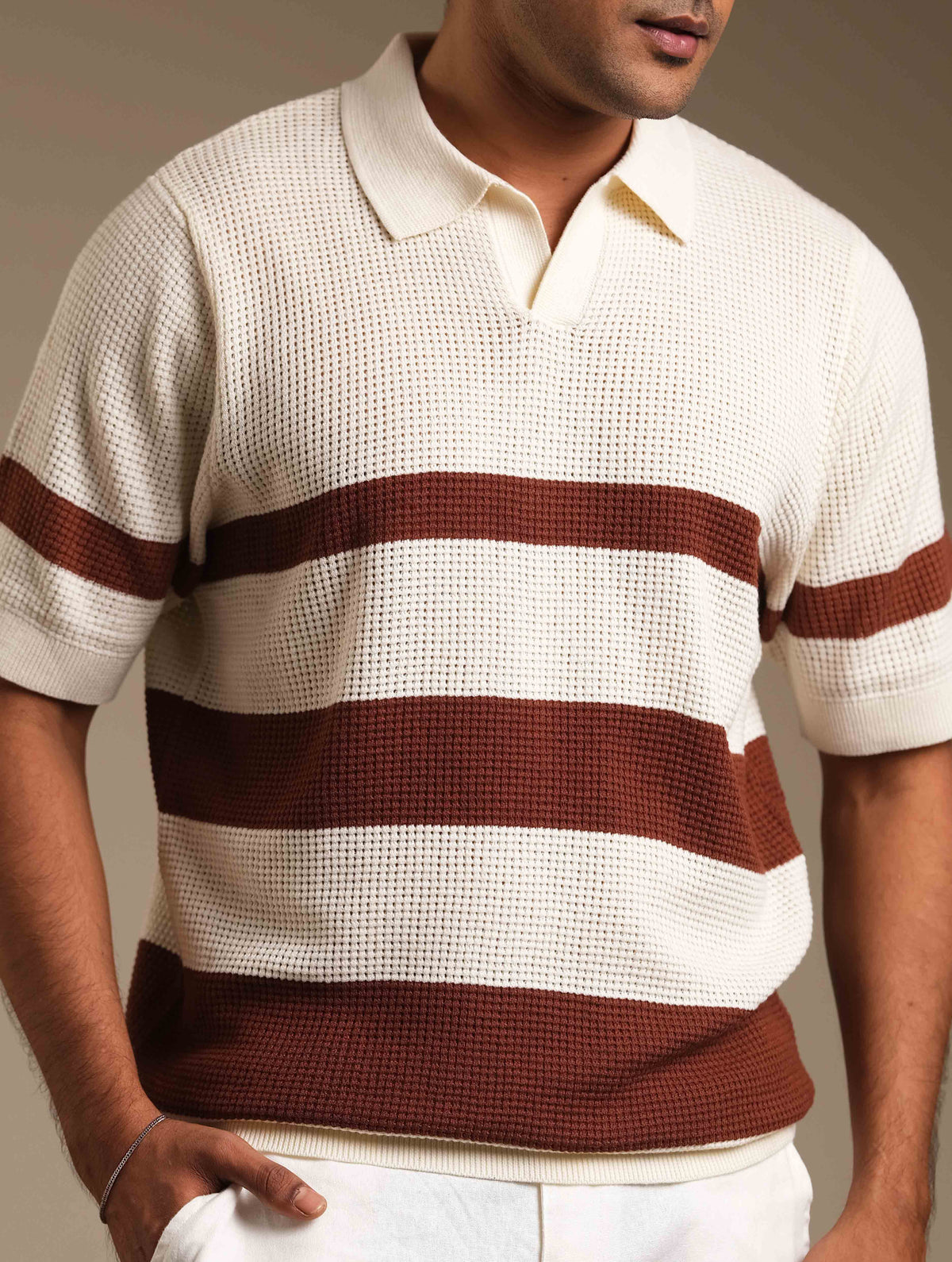 Cream - Coffee Stripe Knit Polo