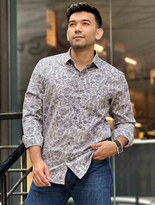 White Navy blue sankha printed full sleeve shirt