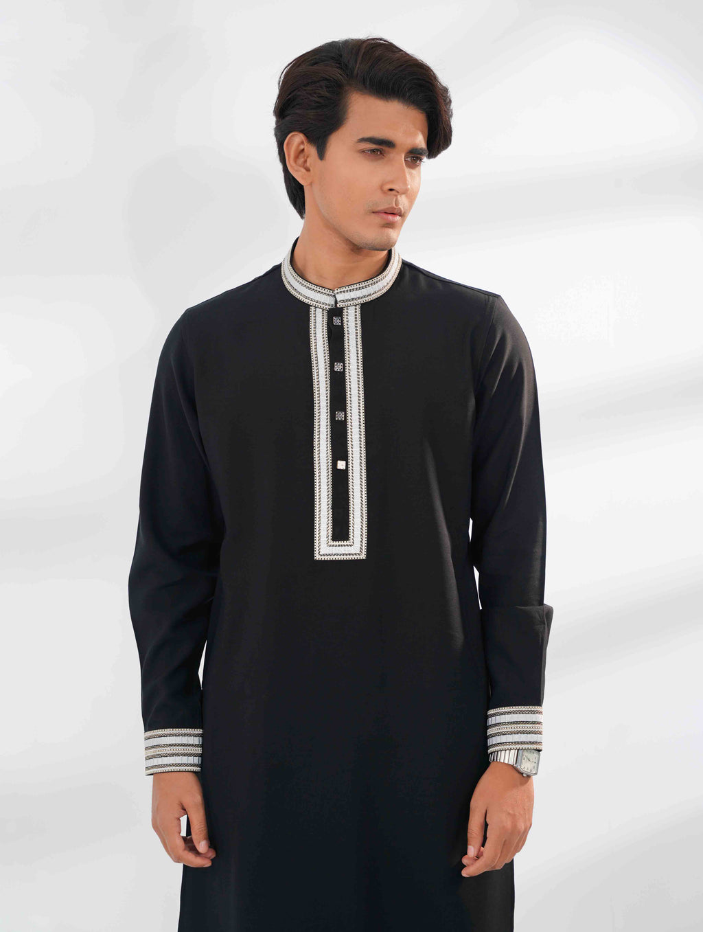 Italian Black Heritage Thread Embroidered Tencel panjabi