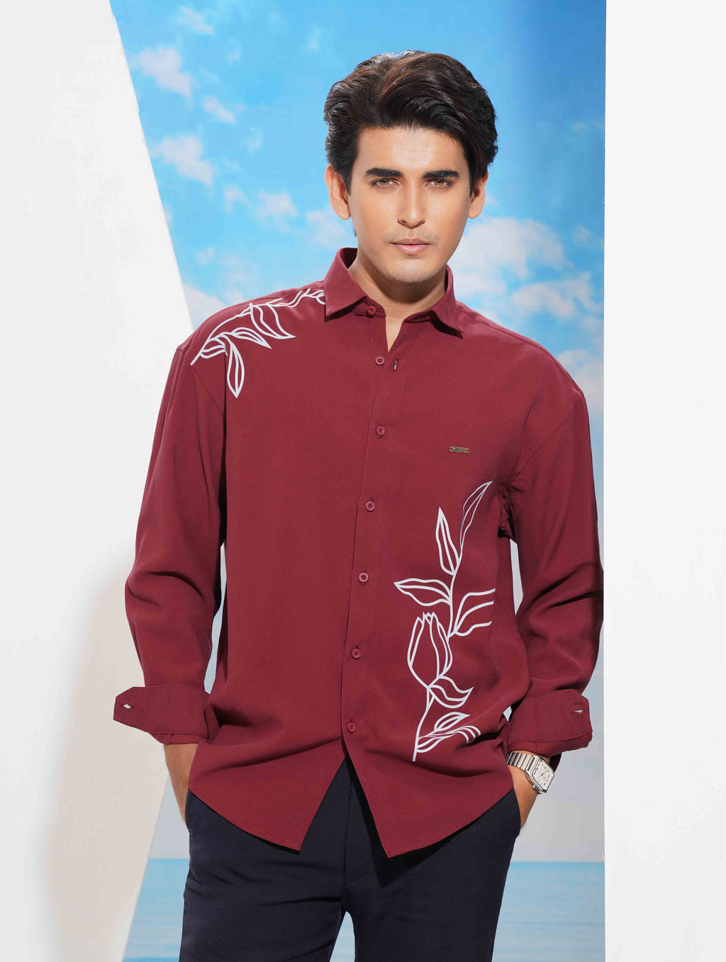Maroon Ash Flower print full Sleeve Shirt