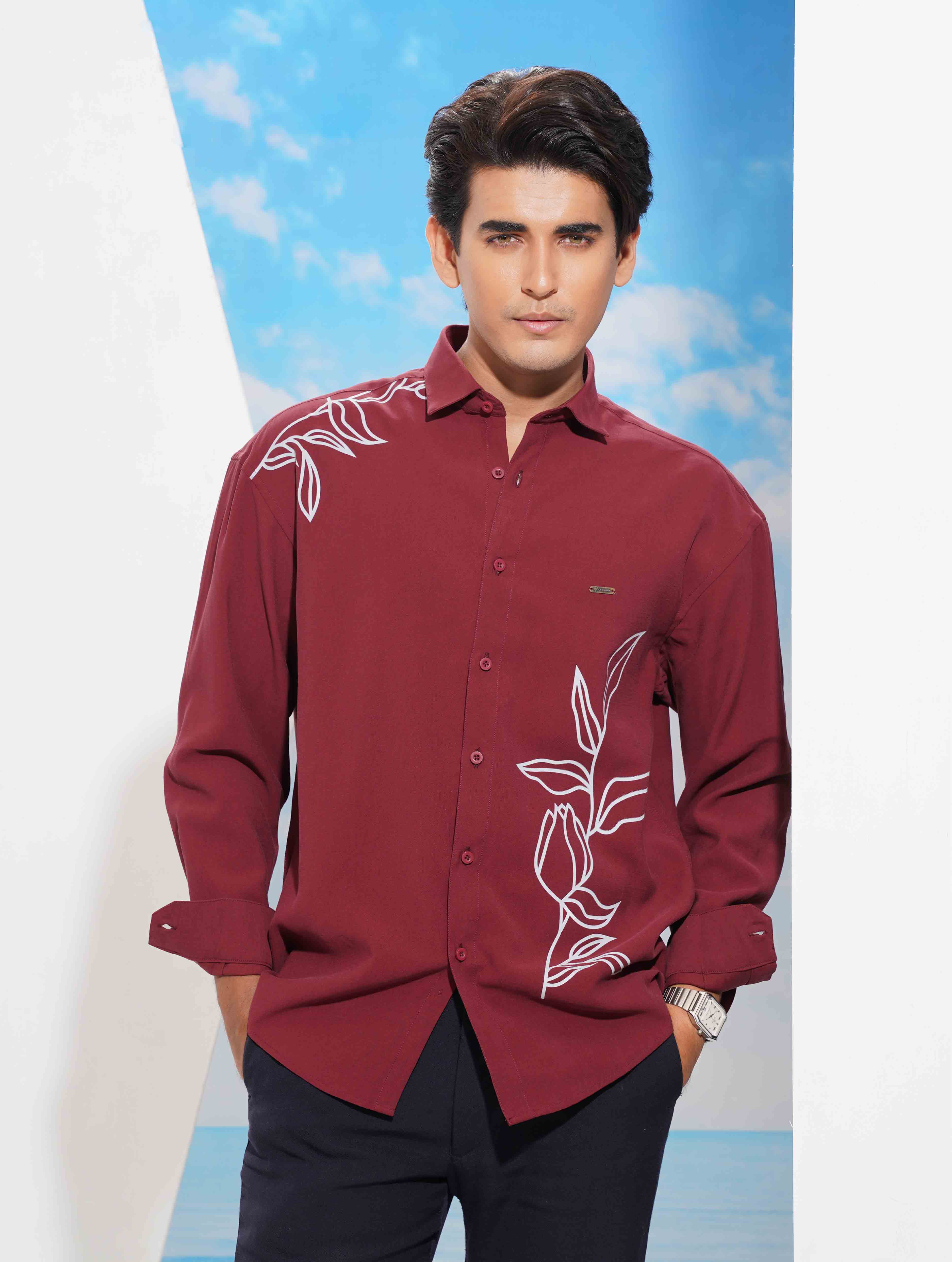 Maroon Ash Flower print full Sleeve Shirt