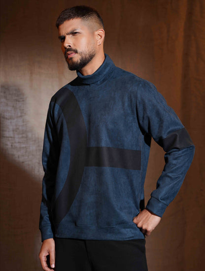 Aegean blue - Black Suede leather High Neck Sweat Shirt