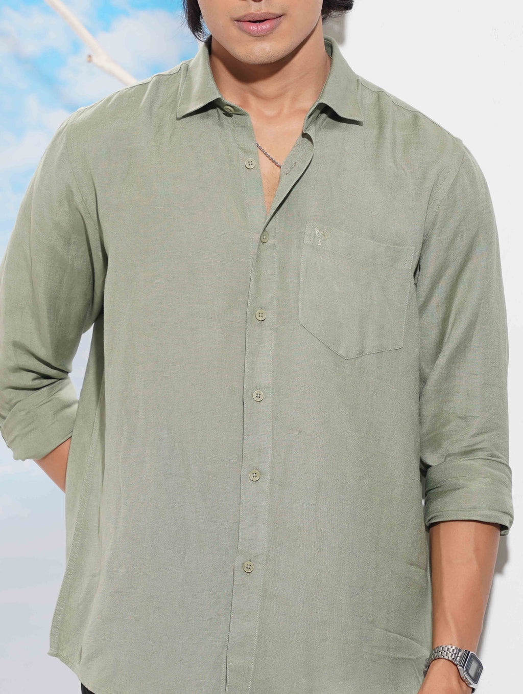 Light olive Solid Remi Cotton Full sleeve shirt