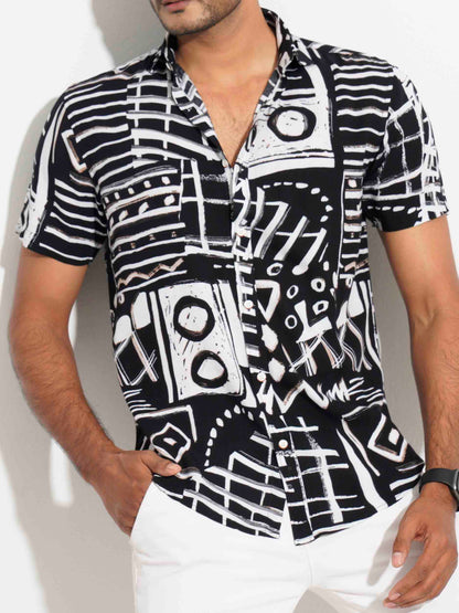 Black and white printed linen half sleeve shirt