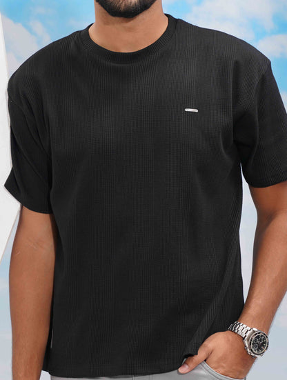 Black Solid Texture Waffle Fabric Semi Drop T-shirt
