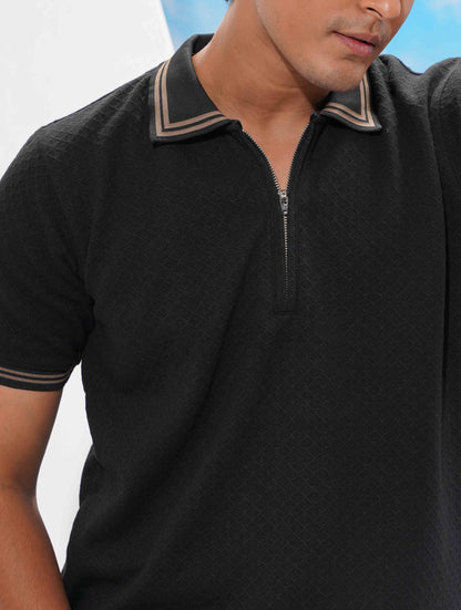 Jade Black stripe contrast Premium Zipper Polo