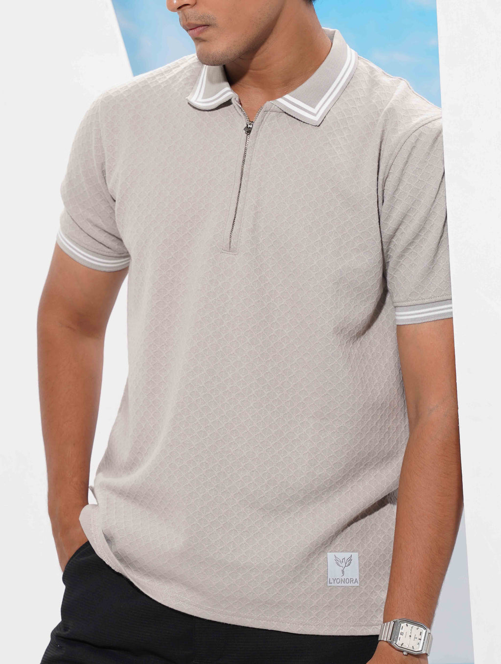 Flint Grey stripe contrast Premium Zipper Polo