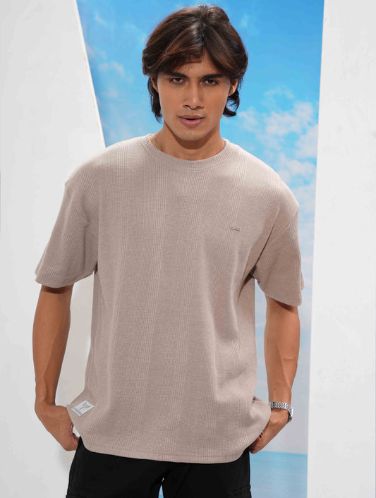 Stone Beige Solid Texture Waffle Fabric Semi Drop T-shirt