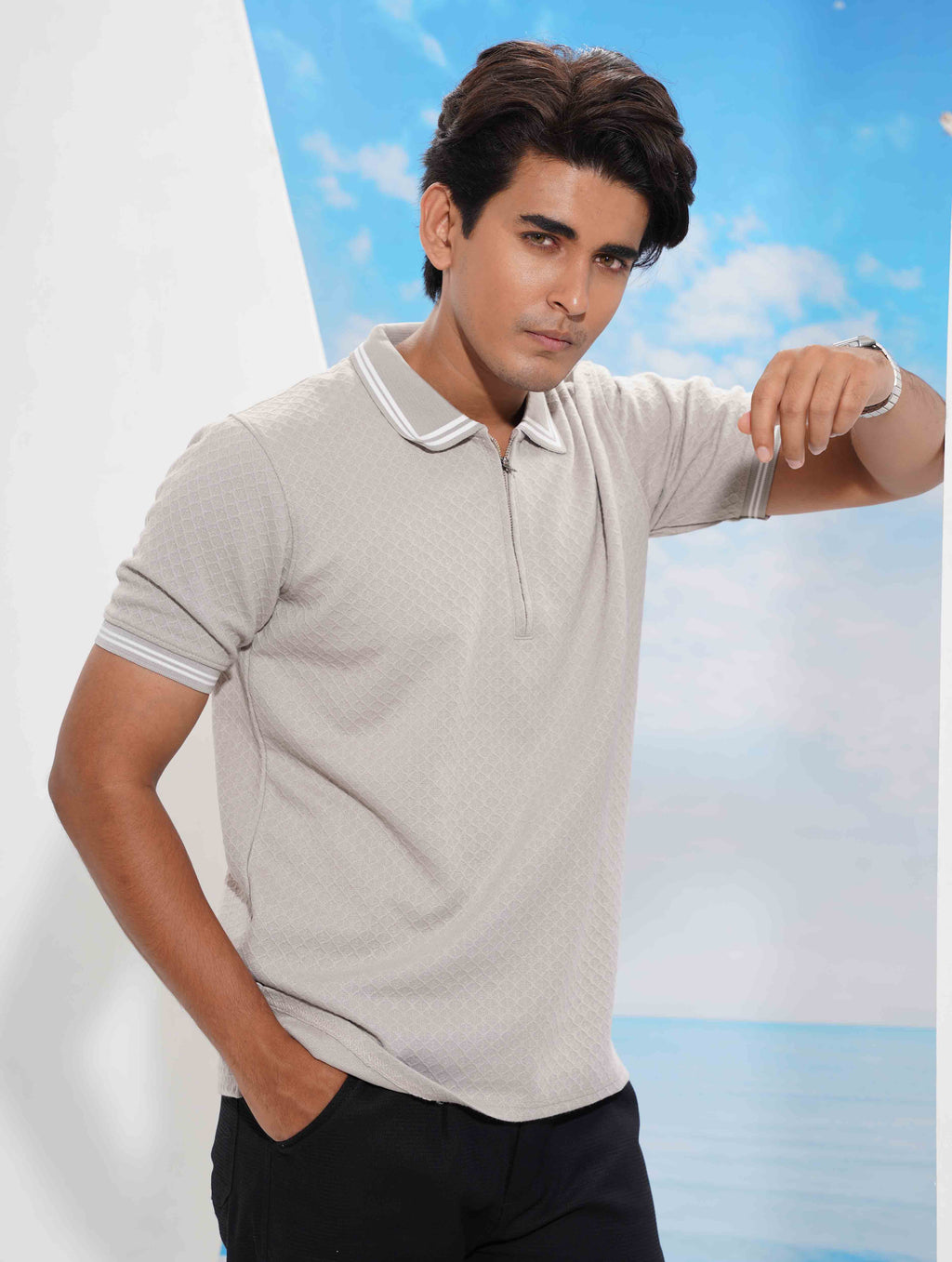 Flint Grey stripe contrast Premium Zipper Polo