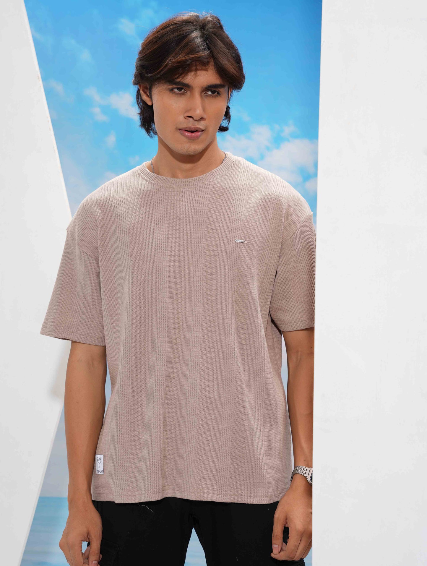 Stone Beige Solid Texture Waffle Fabric Semi Drop T-shirt