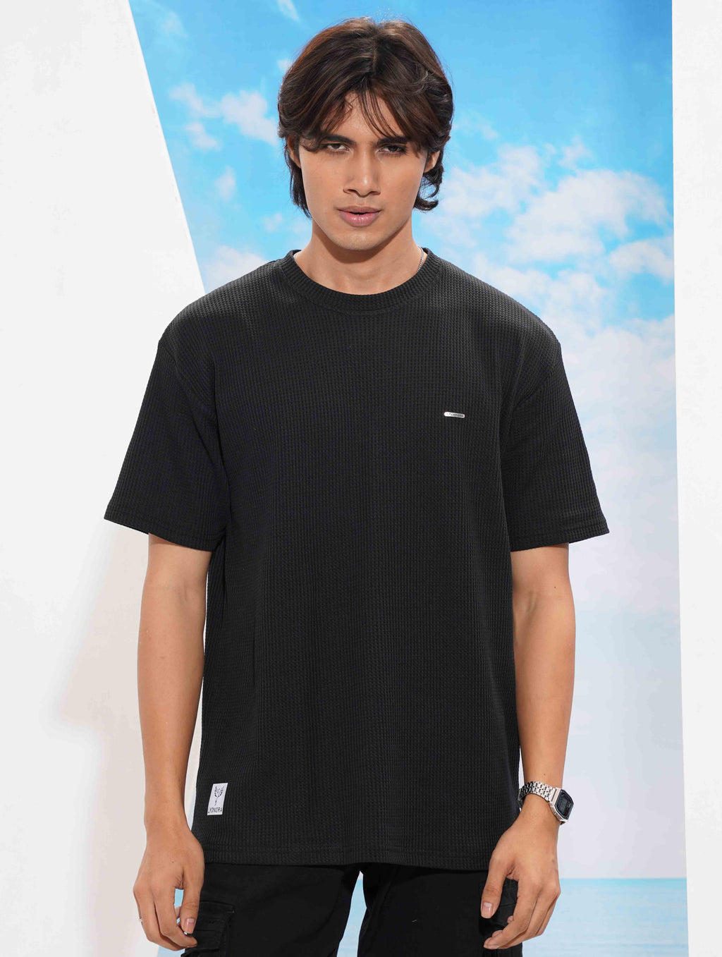 Ink Black Solid Waffle Fabric Semi Drop T-shirt