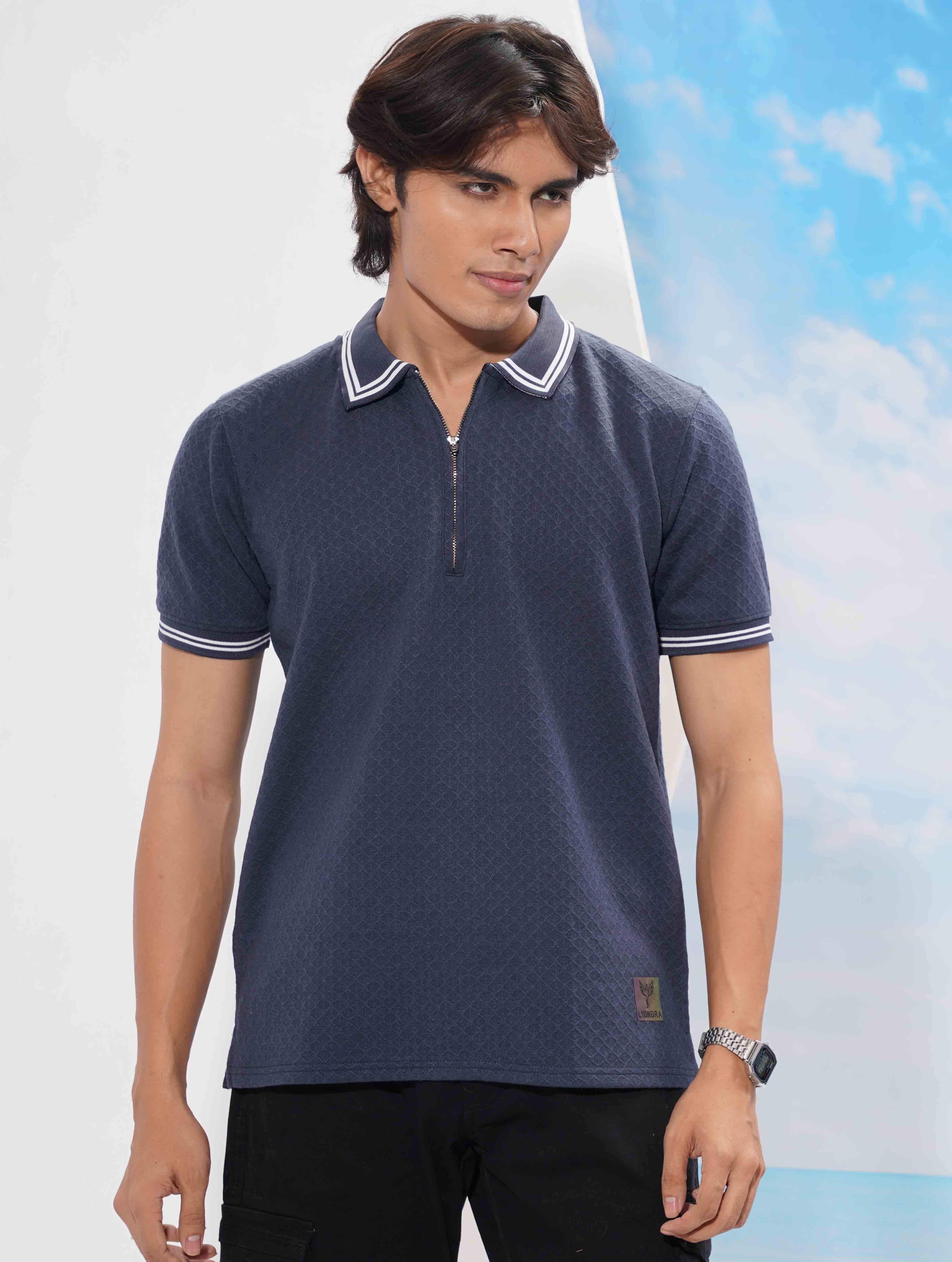Oxford Blue stripe contrast Premium Zipper Polo