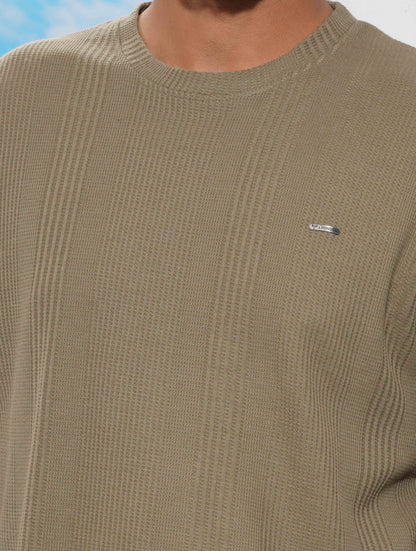 Olive Solid Texture Waffle Fabric Semi Drop T-shirt