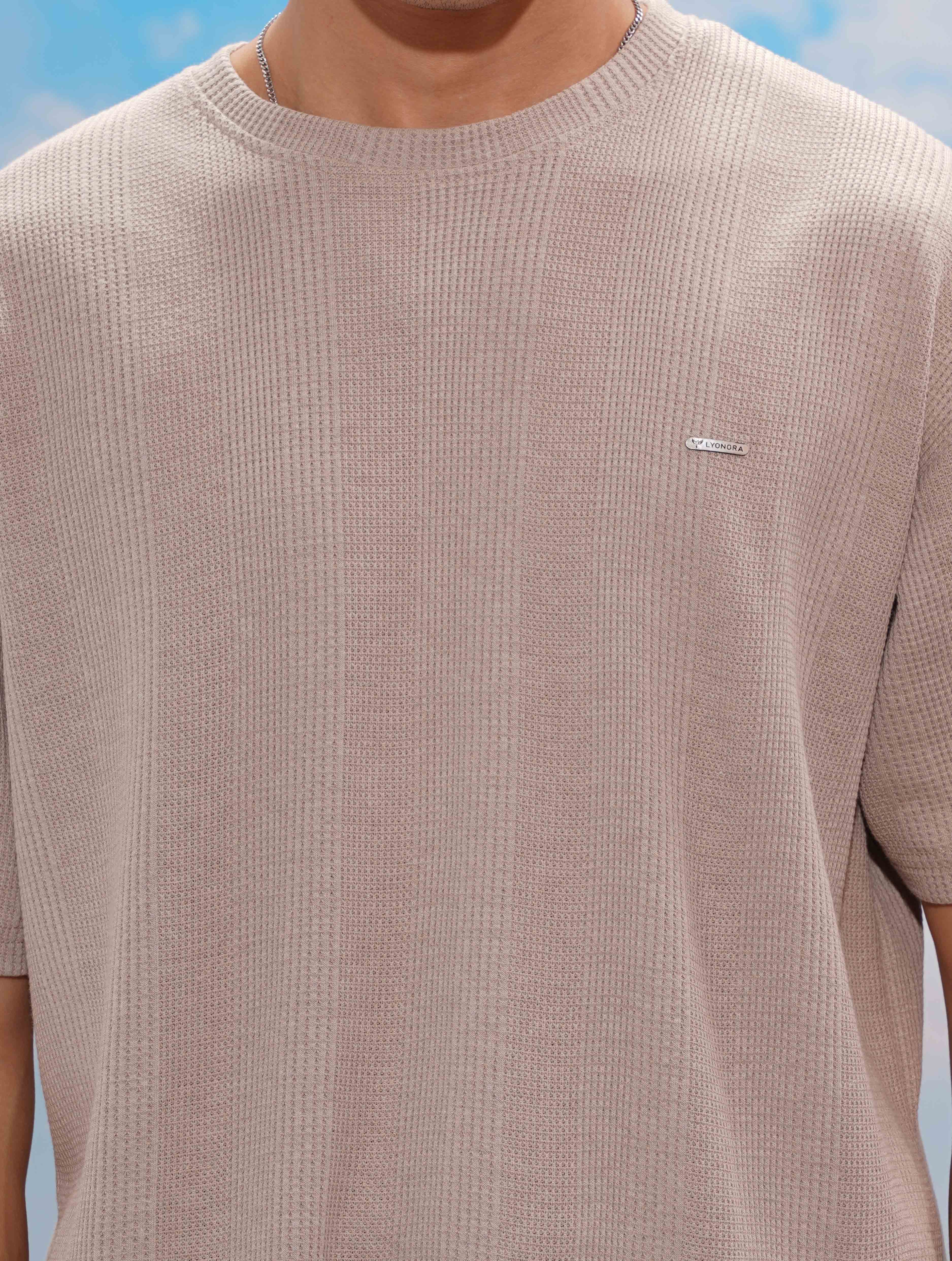 Stone Beige Solid Texture Waffle Fabric Semi Drop T-shirt