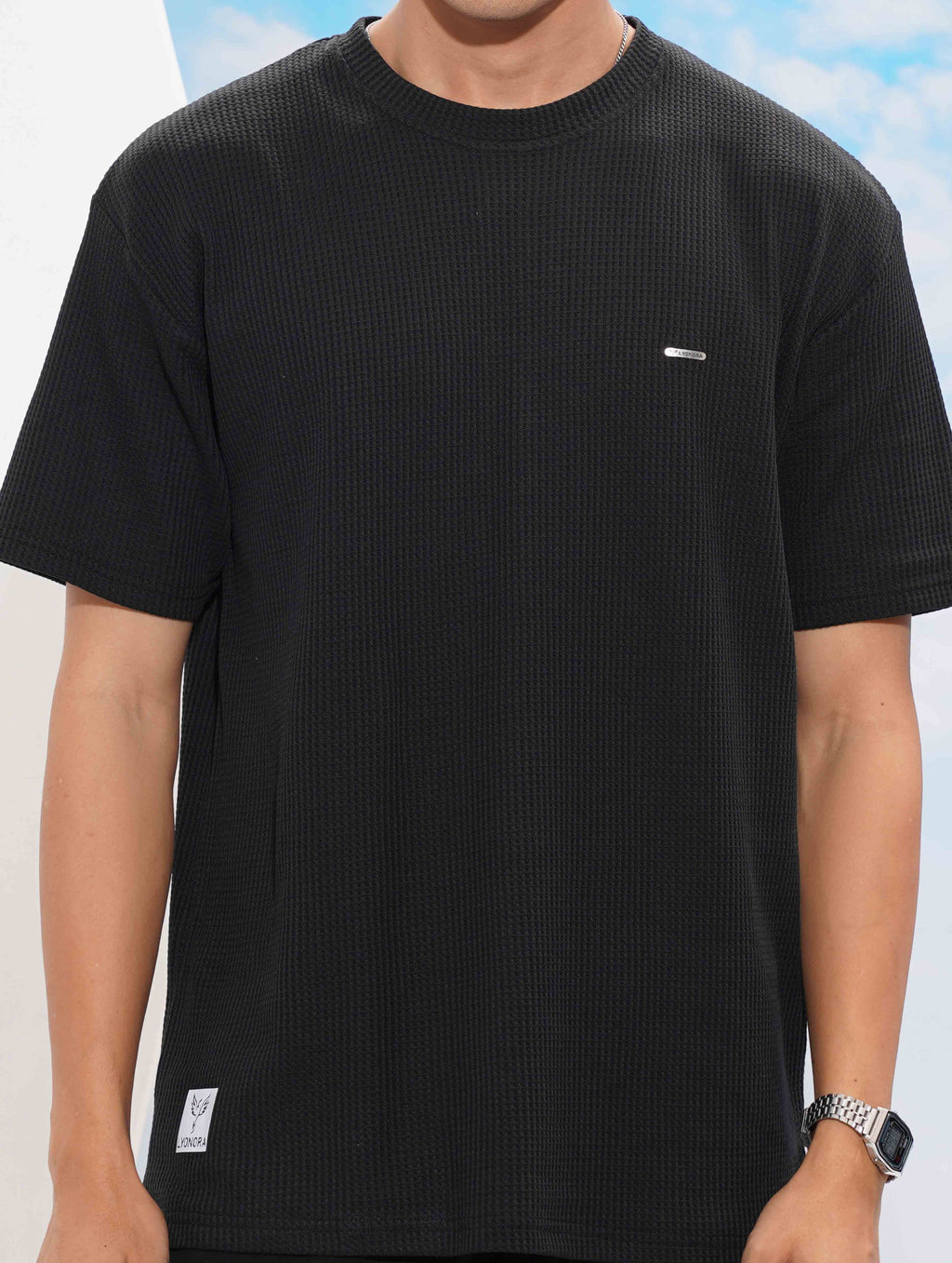 Ink Black Solid Waffle Fabric Semi Drop T-shirt