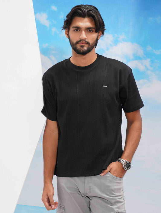 Black Solid Texture Waffle Fabric Semi Drop T-shirt