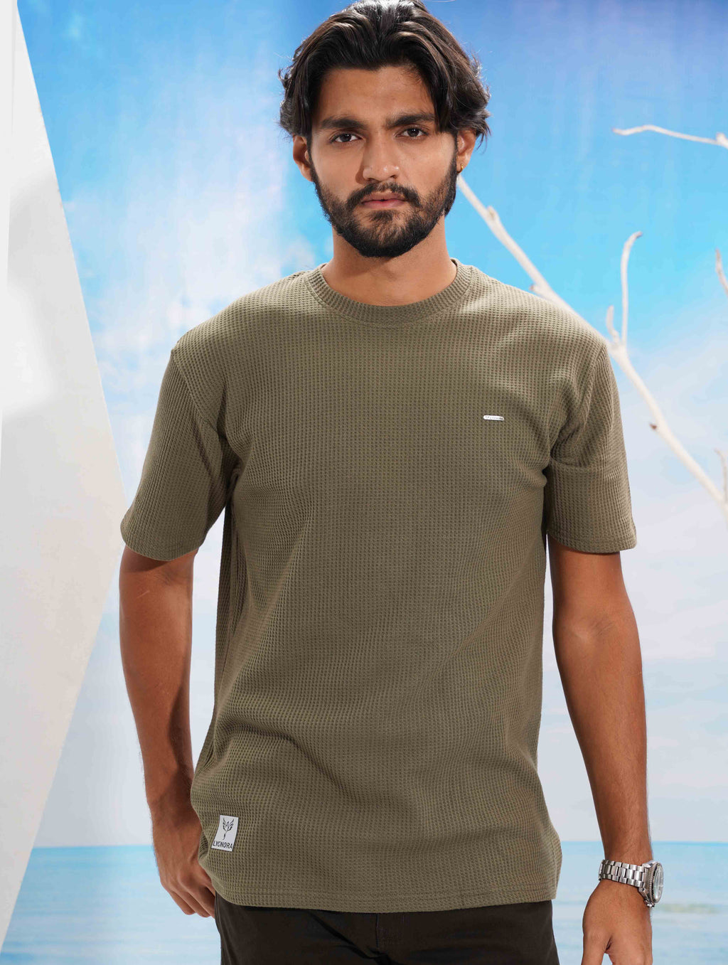 Deep olive Solid Waffle Fabric Semi Drop T-shirt