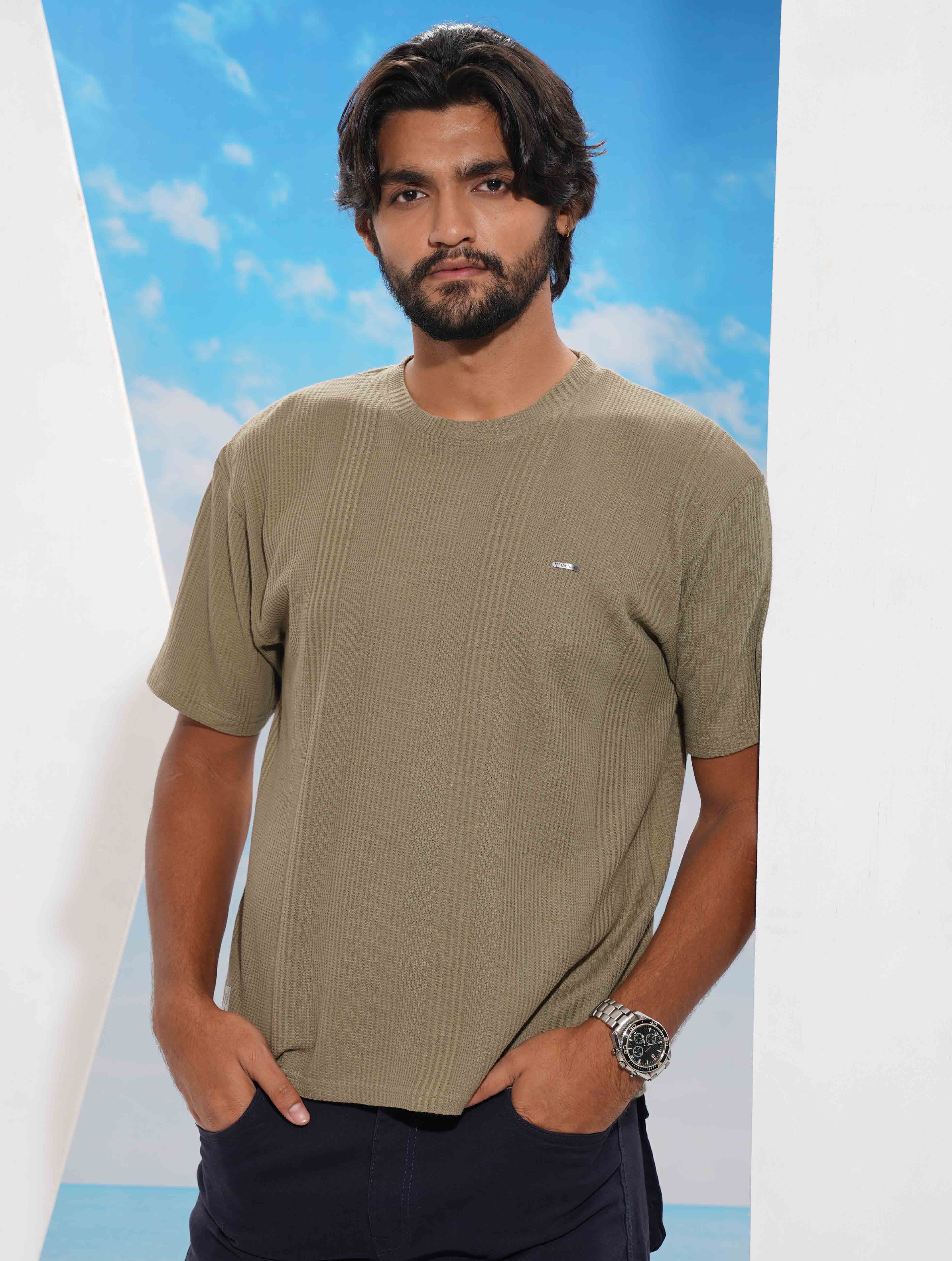 Olive Solid Texture Waffle Fabric Semi Drop T-shirt