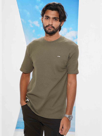 Deep olive Solid Waffle Fabric Semi Drop T-shirt