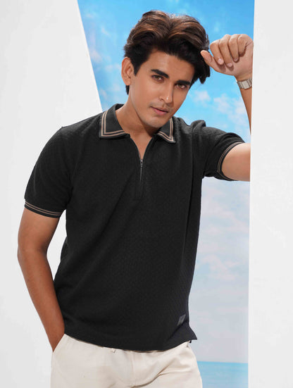 Jade Black stripe contrast Premium Zipper Polo