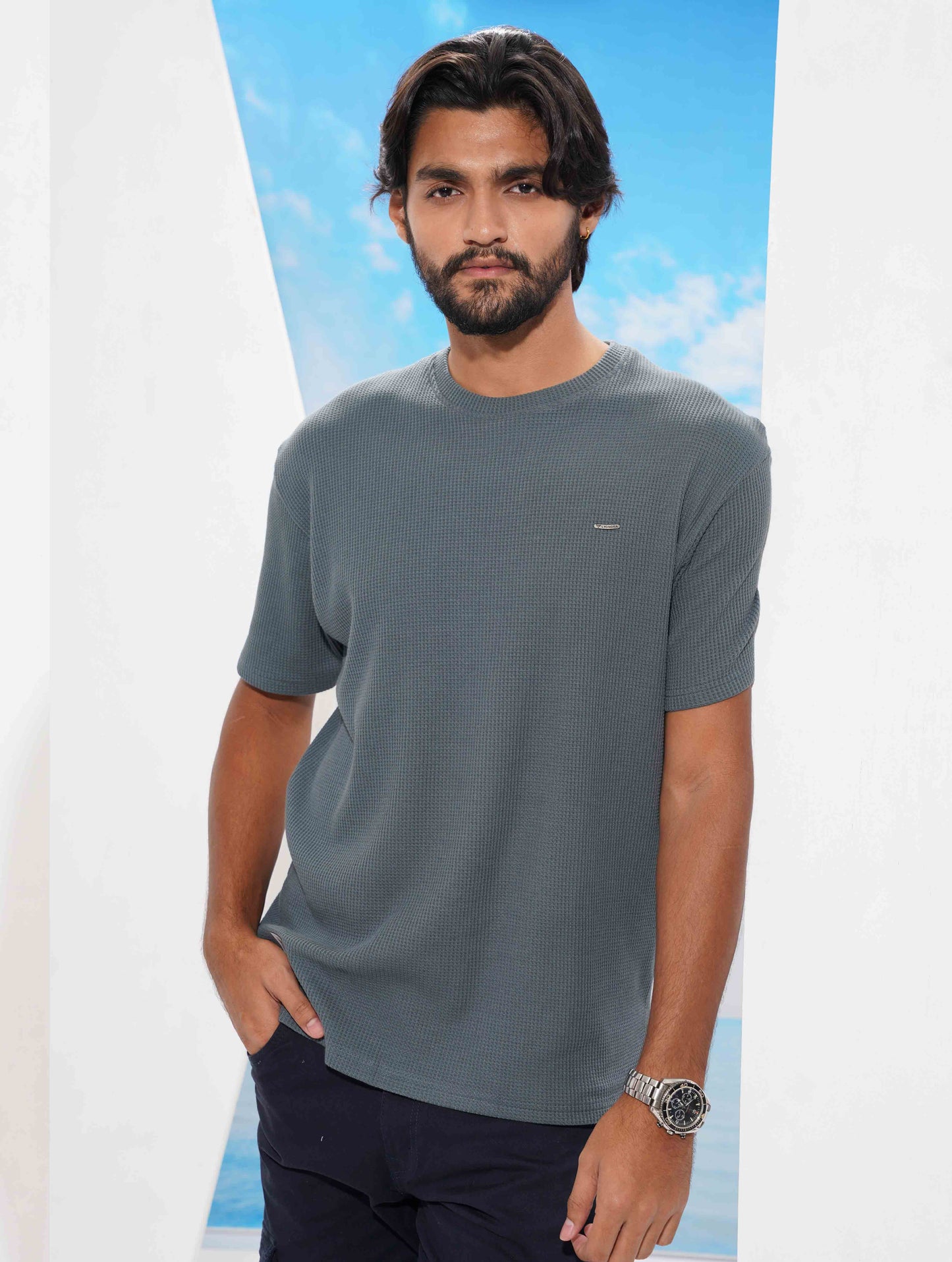 Muted Blue Solid Waffle Fabric Semi Drop T-shirt