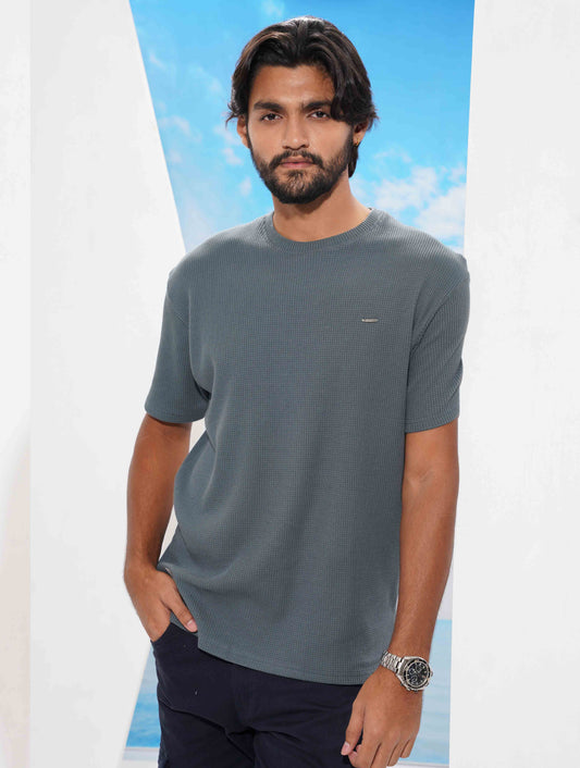 Muted Blue Solid Waffle Fabric Semi Drop T-shirt