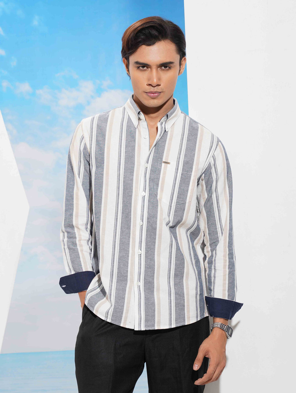 Off white Ash Cream  Stripe collar button Formal shirt