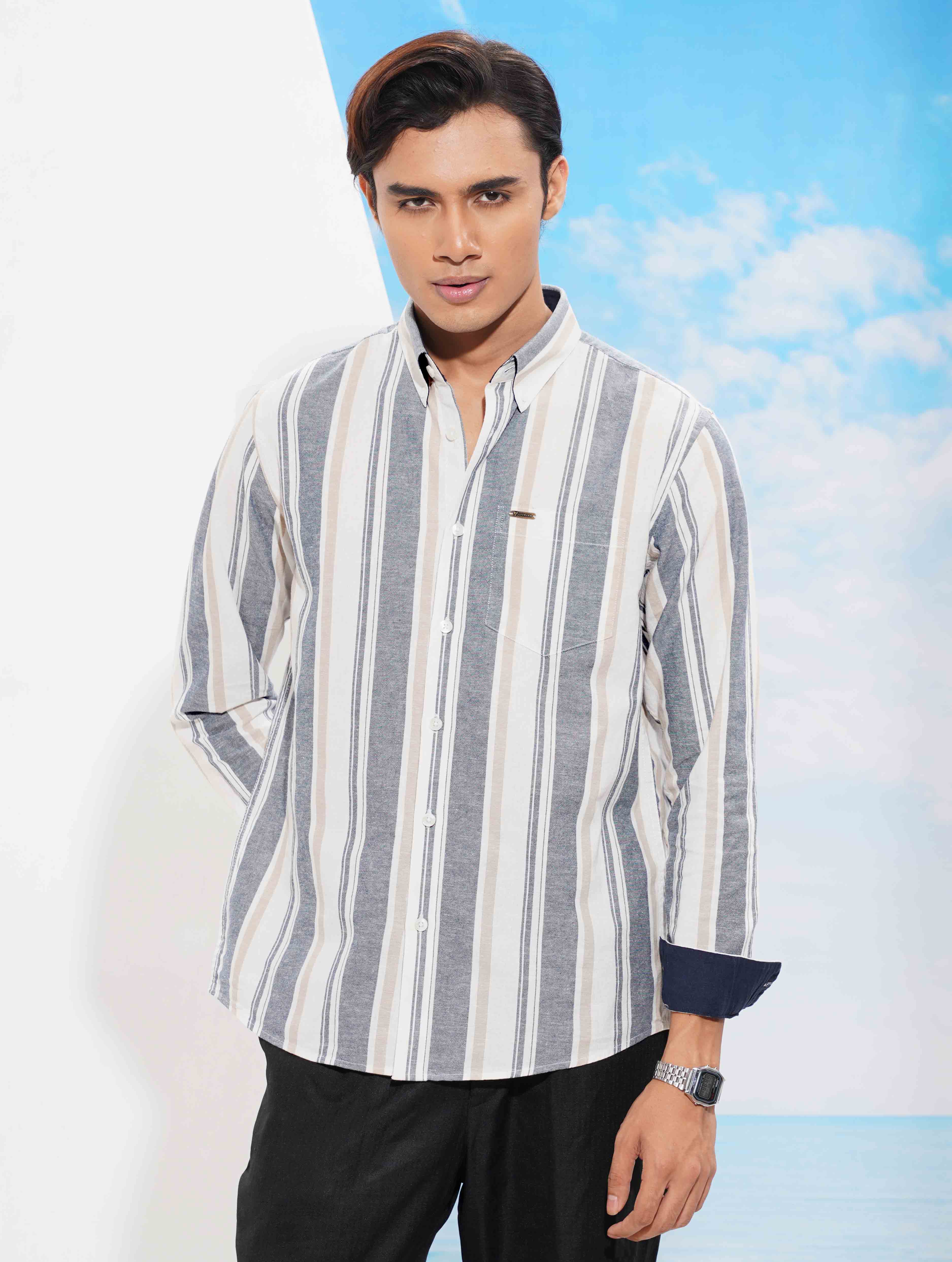 Off white Ash Cream  Stripe collar button Formal shirt