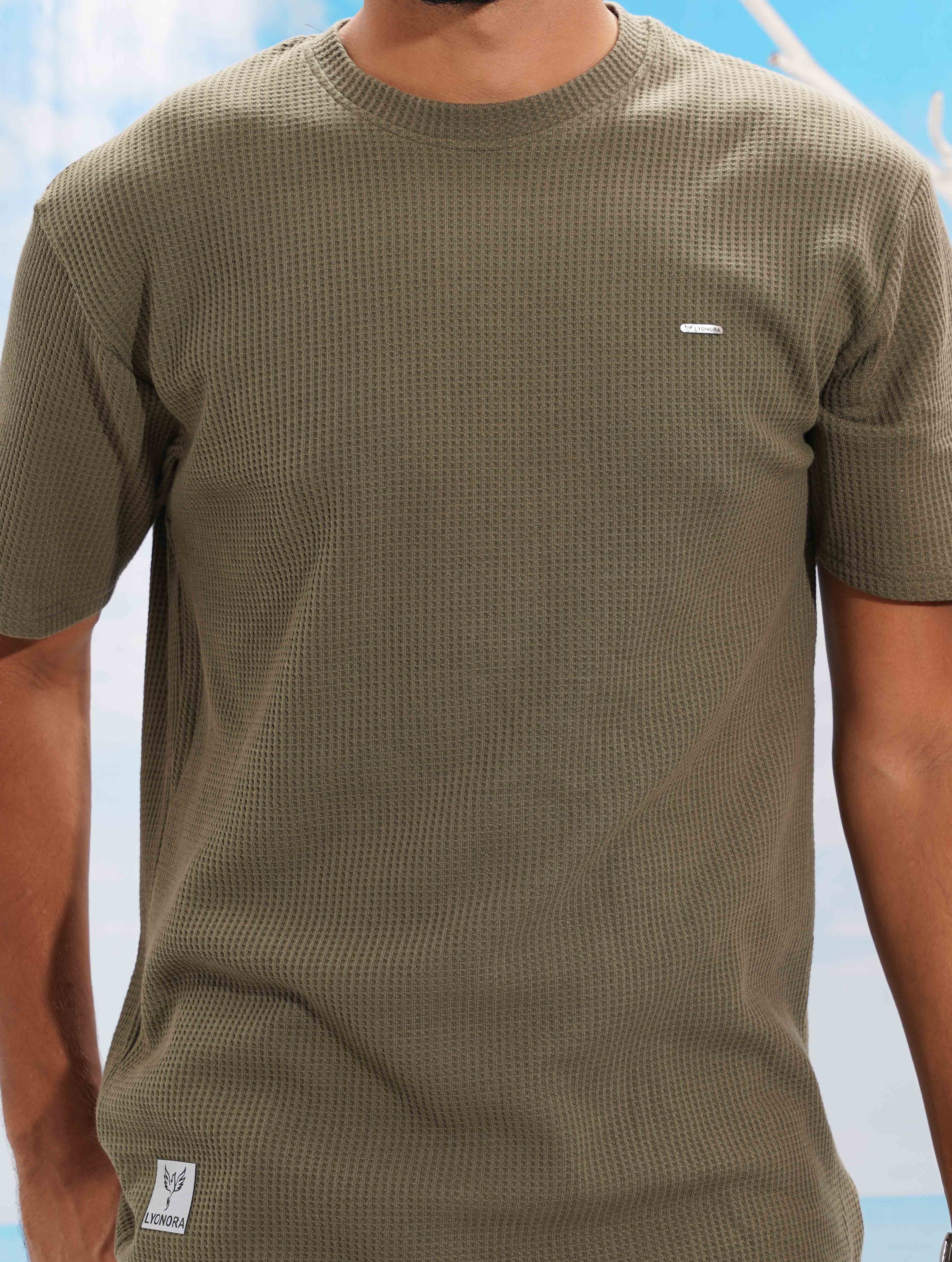 Deep olive Solid Waffle Fabric Semi Drop T-shirt