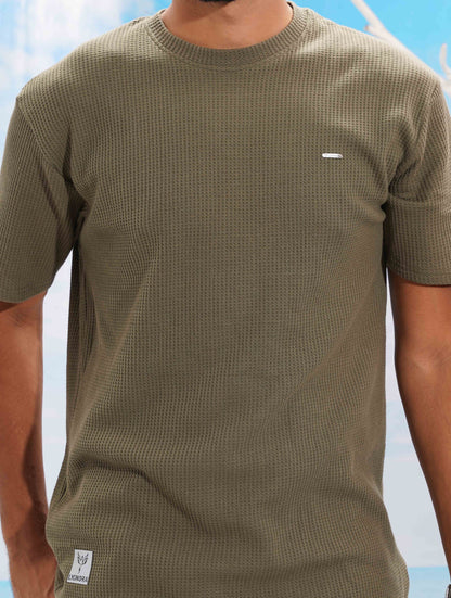 Deep olive Solid Waffle Fabric Semi Drop T-shirt