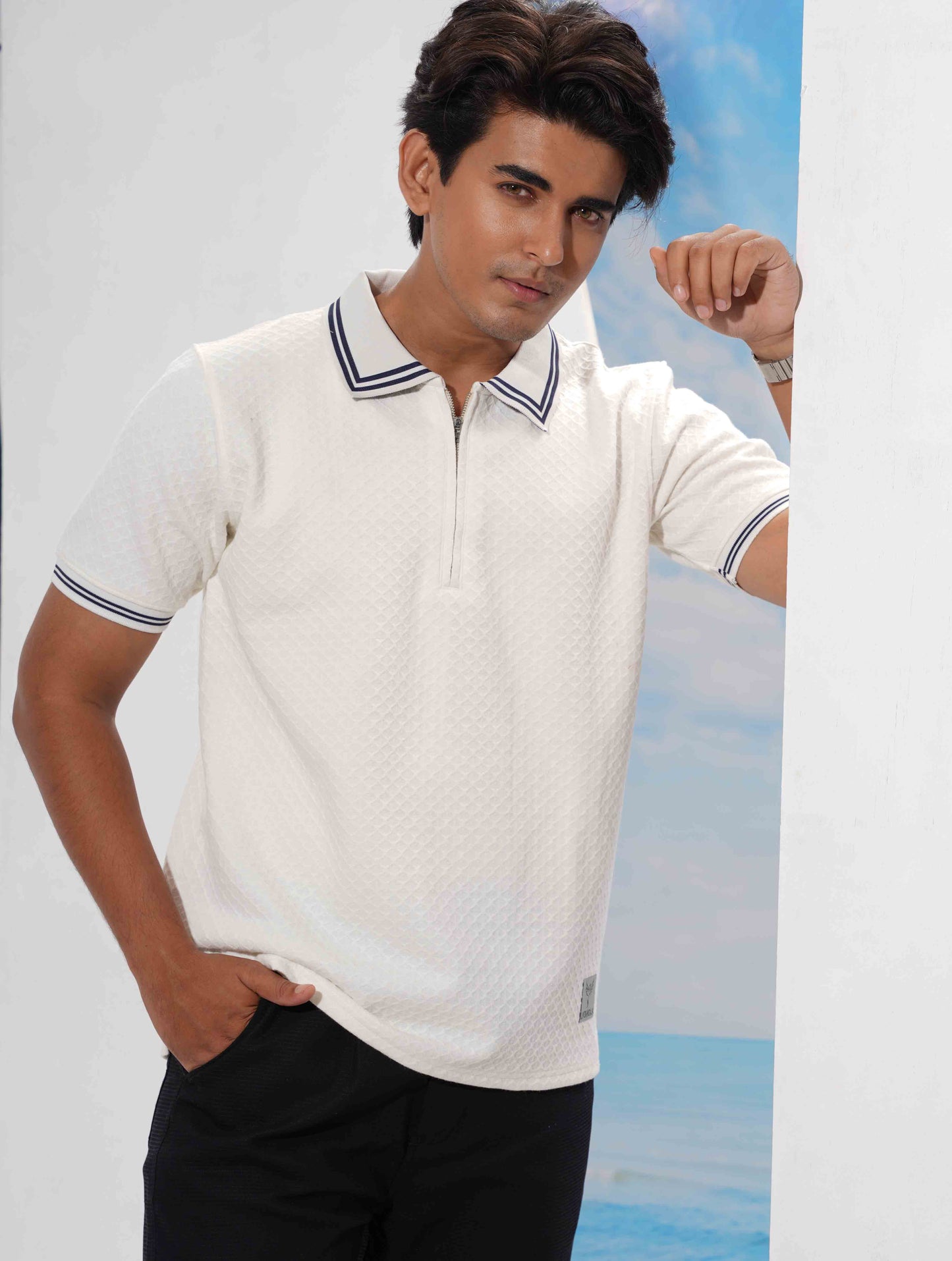 Bavarian Cream stripe contrast Premium Zipper Polo