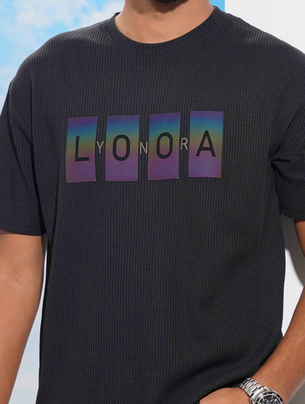 Black LYONORA Waffle Fabric Semi Drop T-shirt