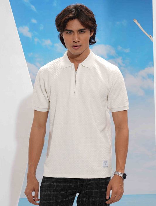 Pearl White Solid Premium Zipper Polo