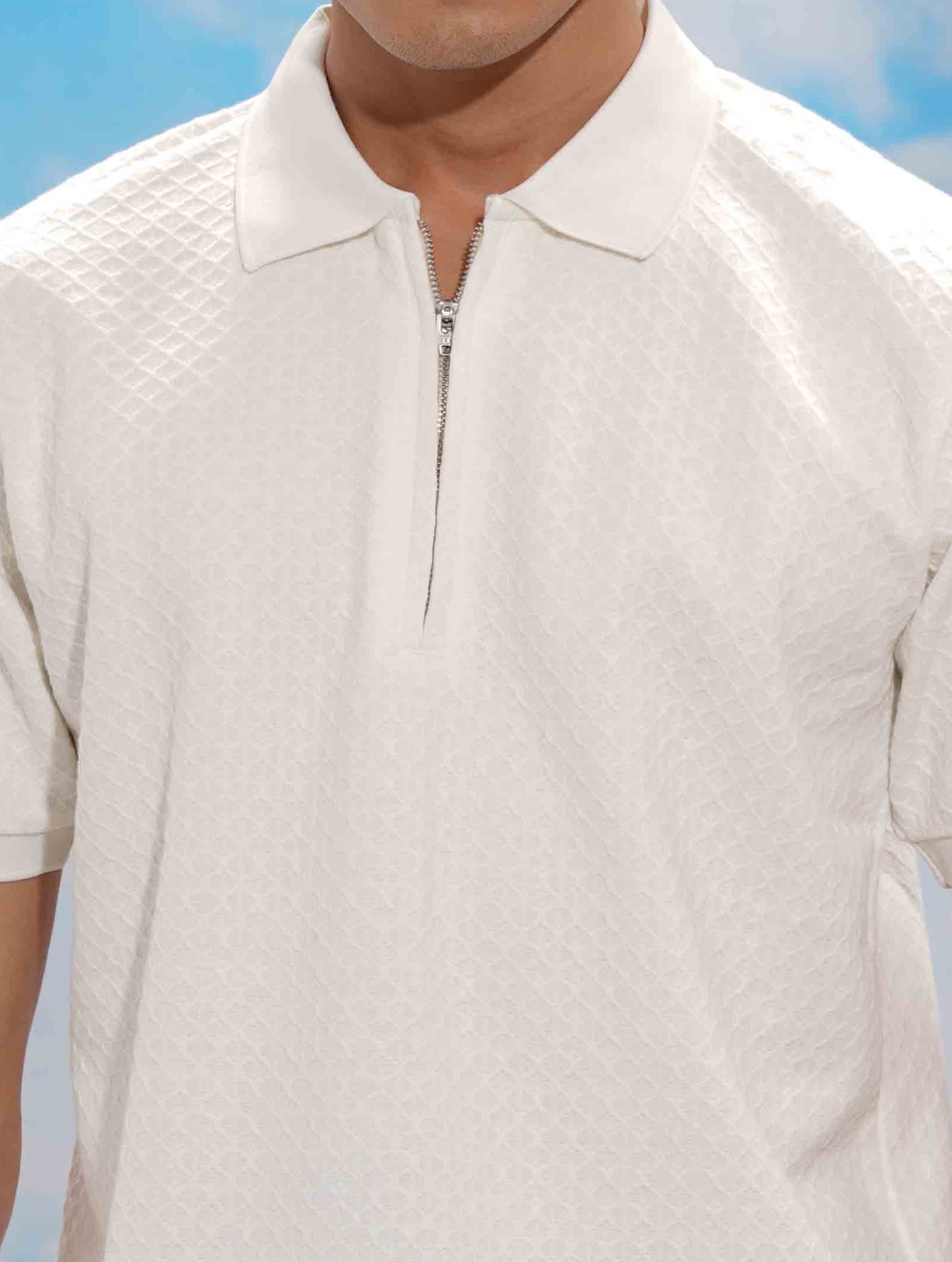 Pearl White Solid Premium Zipper Polo