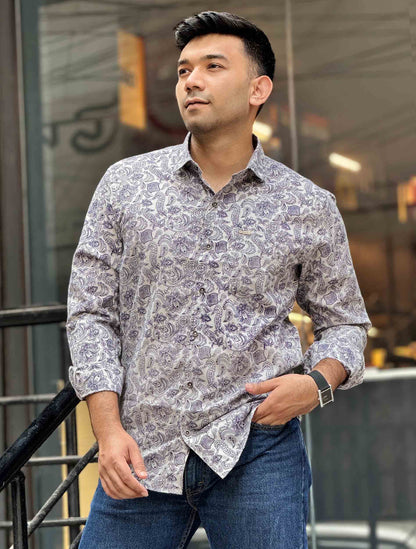 White Navy blue sankha printed full sleeve shirt