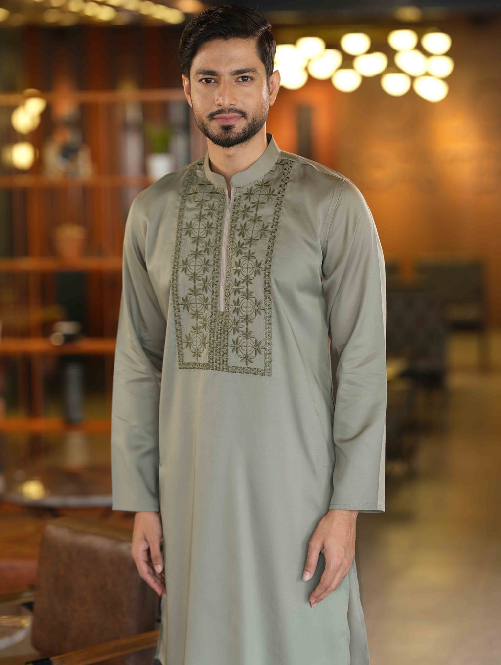 Moderate Olive Royal embroidered zipper design panjabi