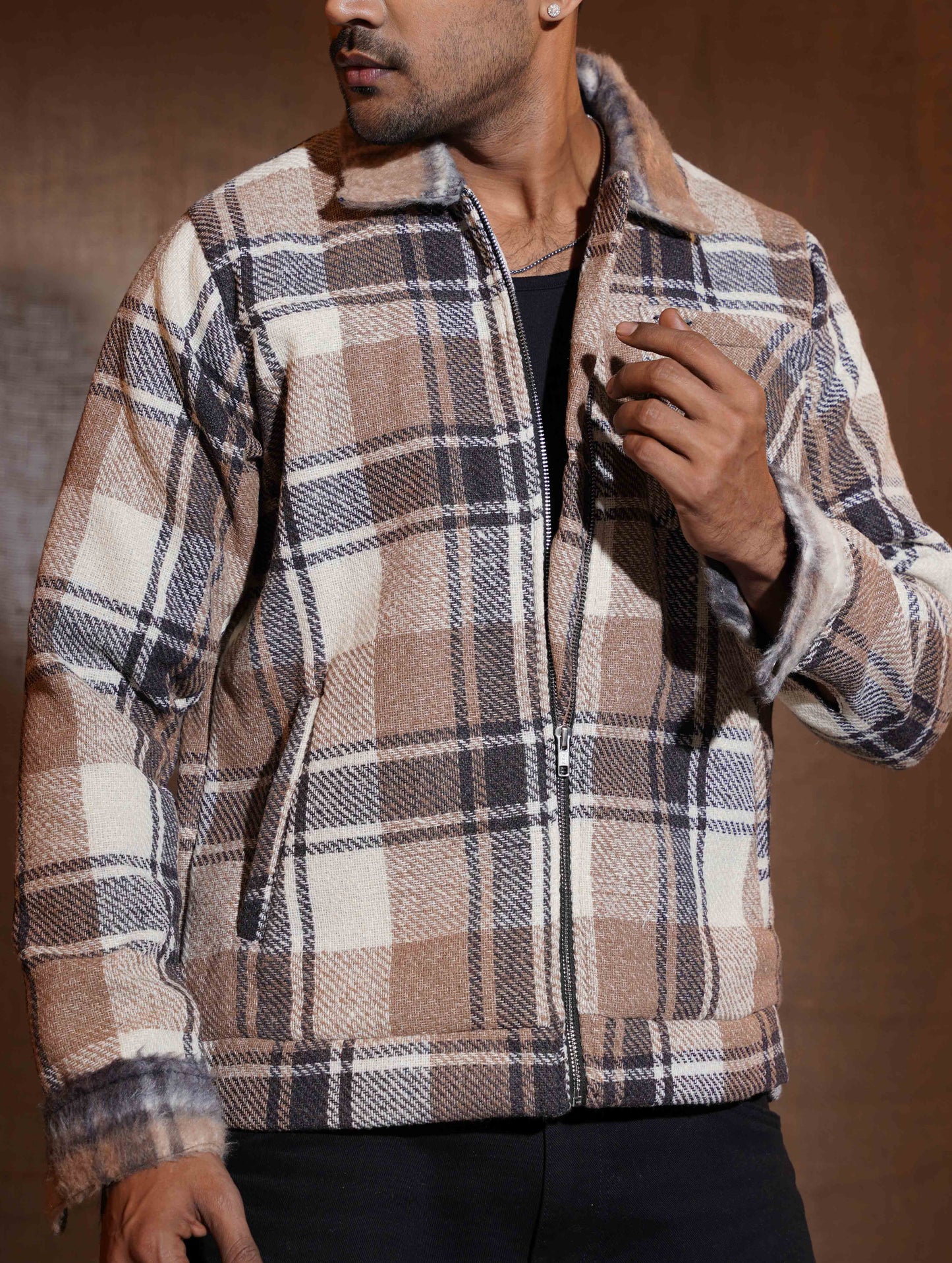 Desert Brown - Cream Check flannel jacket