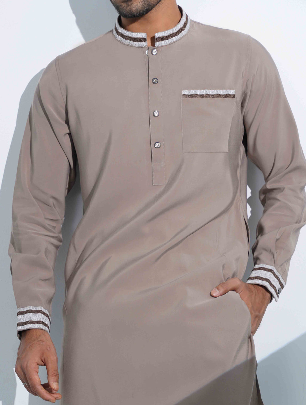 Beige Collar pocket Embriodery panjabi
