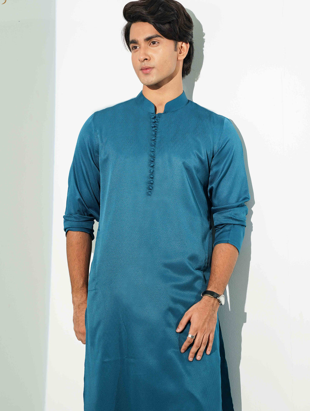 Ocean Blue Aesthetic Solid Studs Button Panjabi