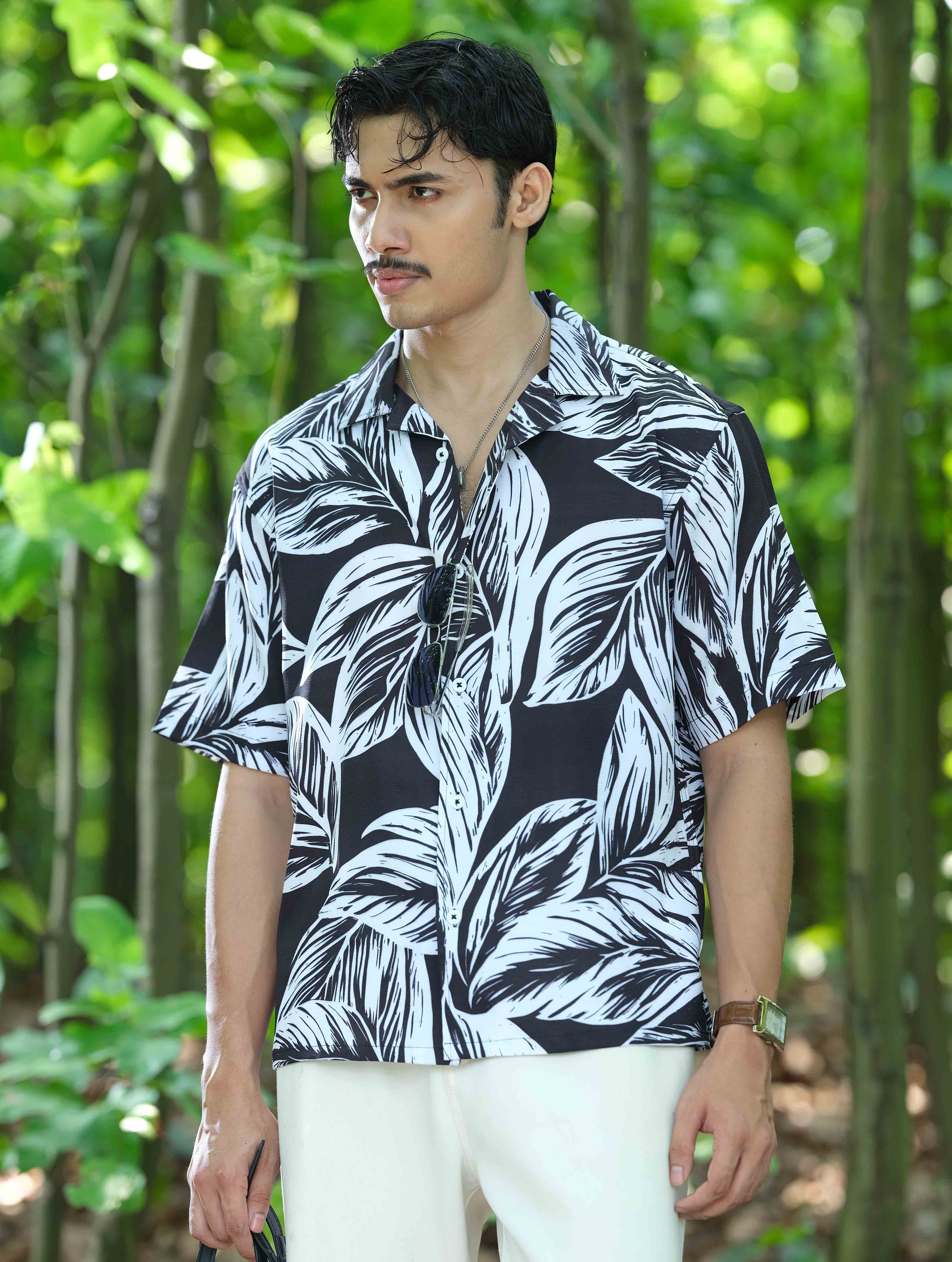 White Black Leaf Stitch Fabric Print Havana Shirt