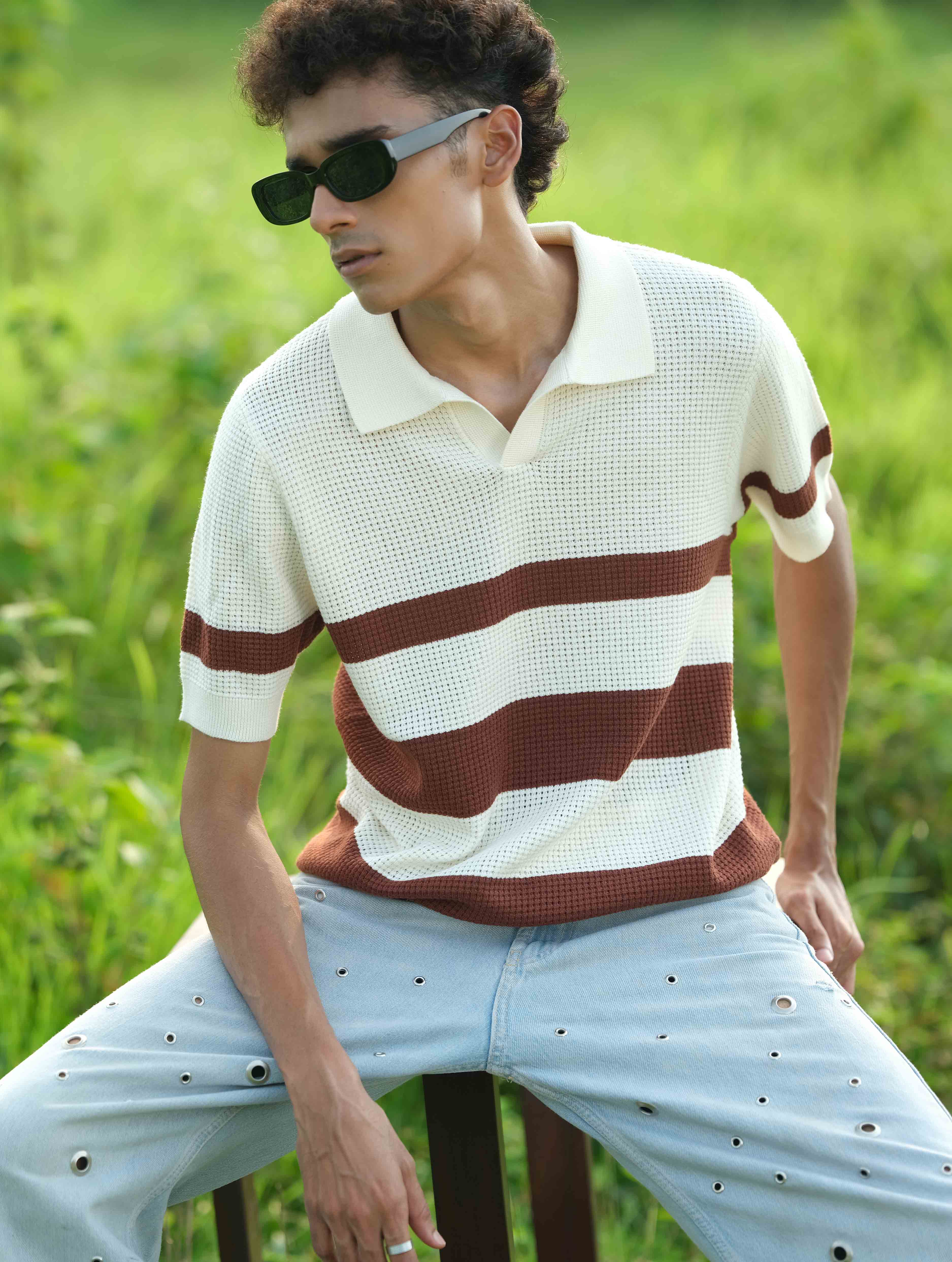 Cream - Coffee Stripe Knit Polo