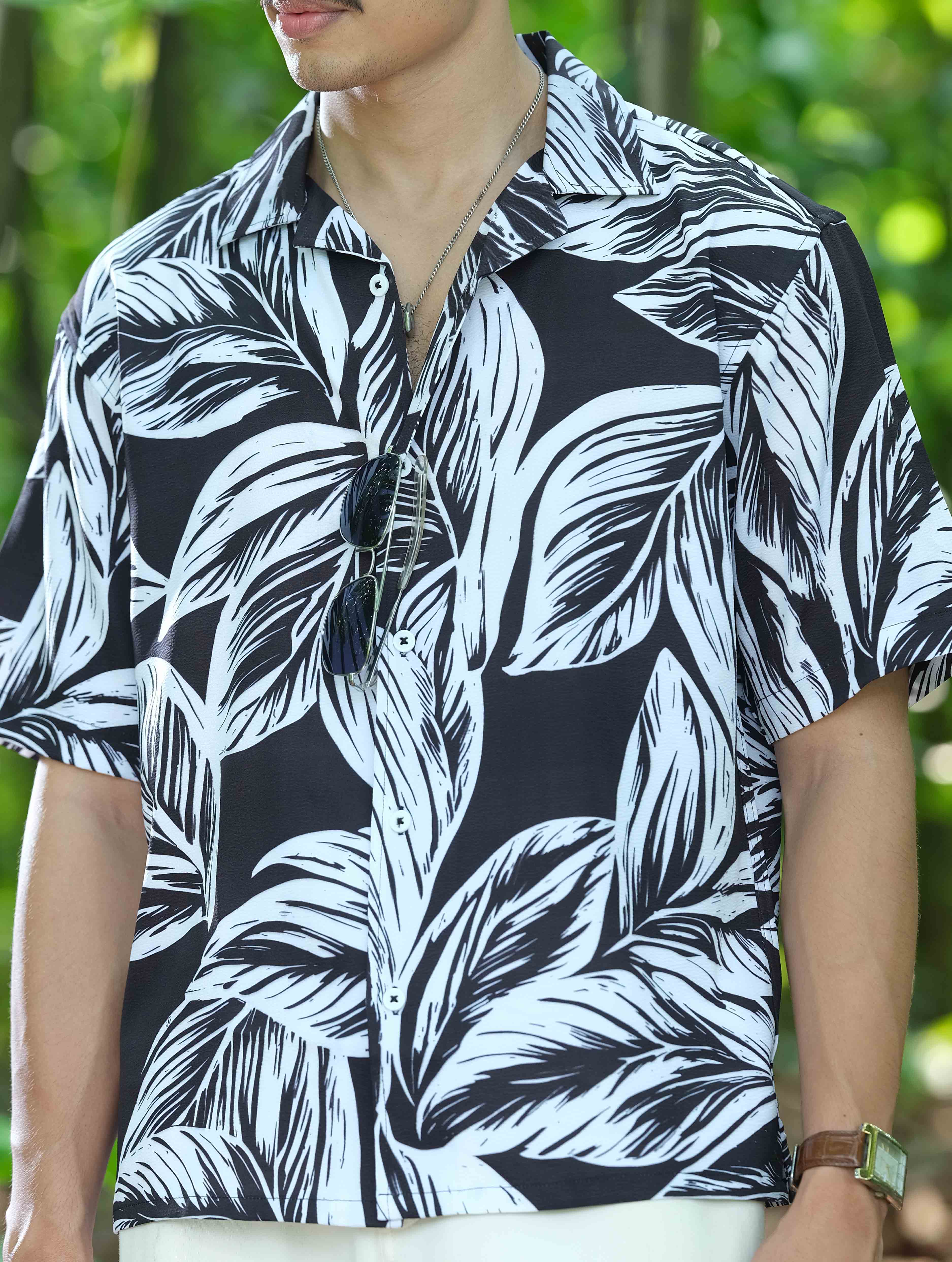 White Black Leaf Stitch Fabric Print Havana Shirt