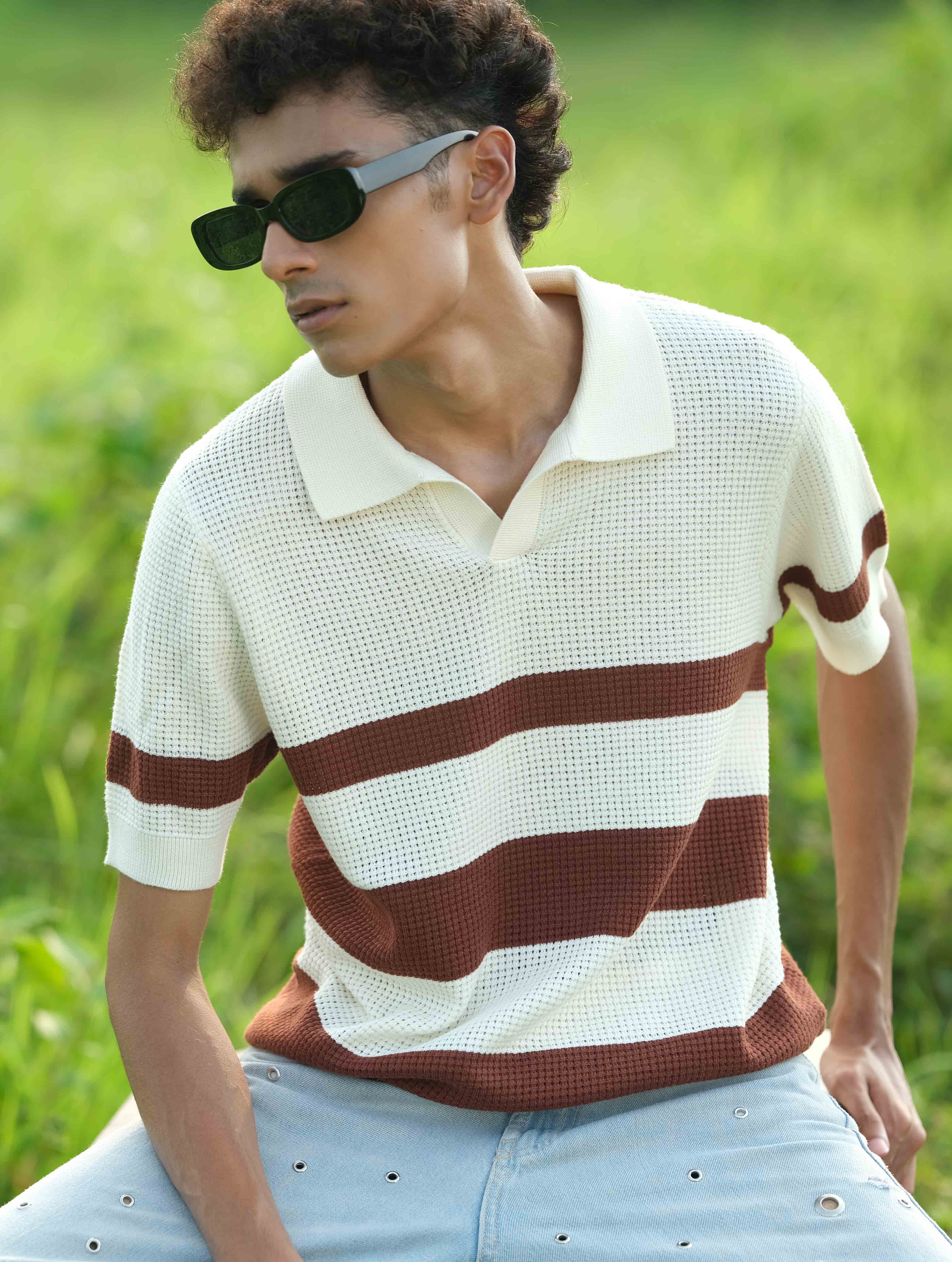 Cream - Coffee Stripe Knit Polo