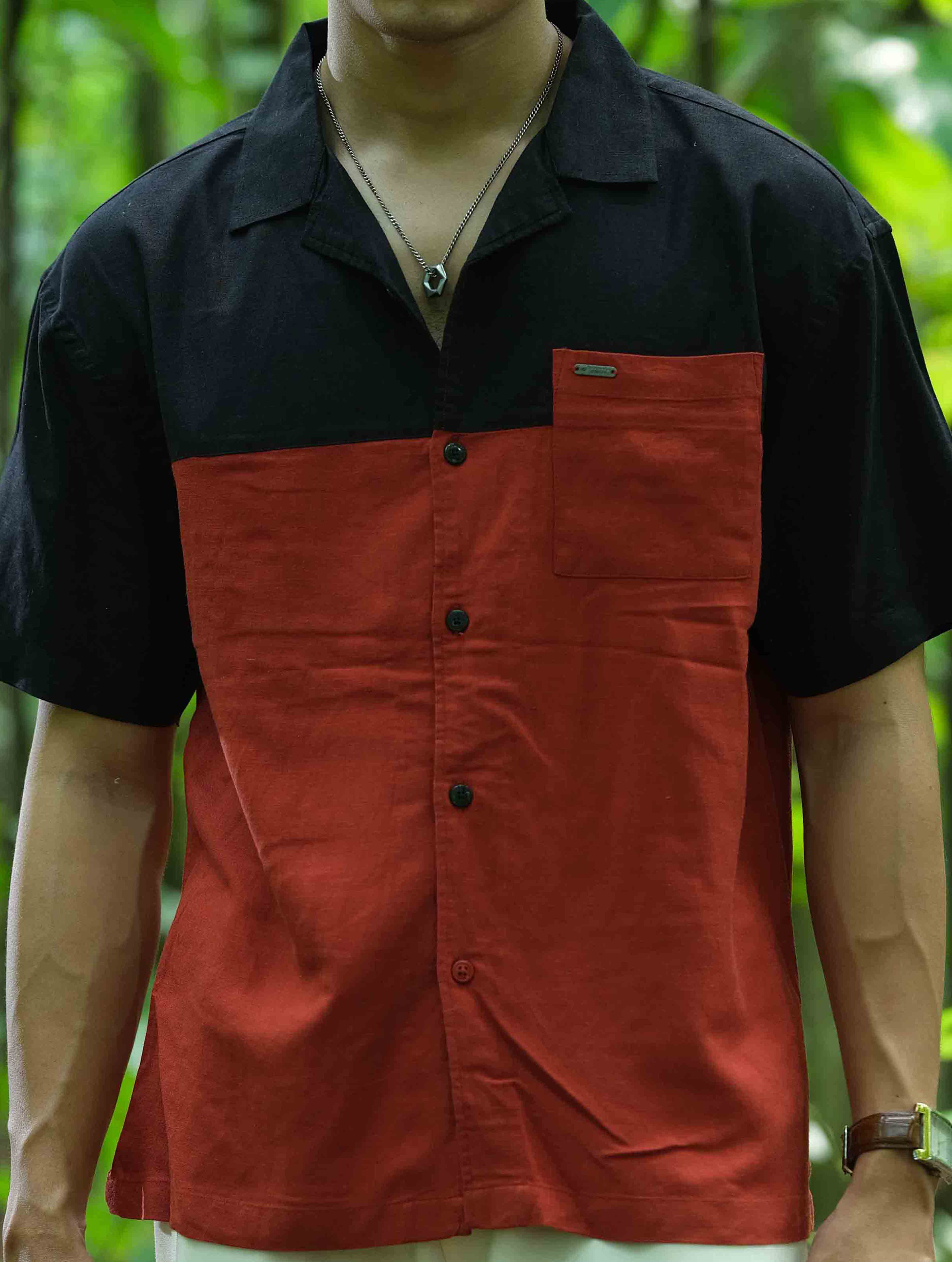 Black and Brunt Orange contrast havana shirt