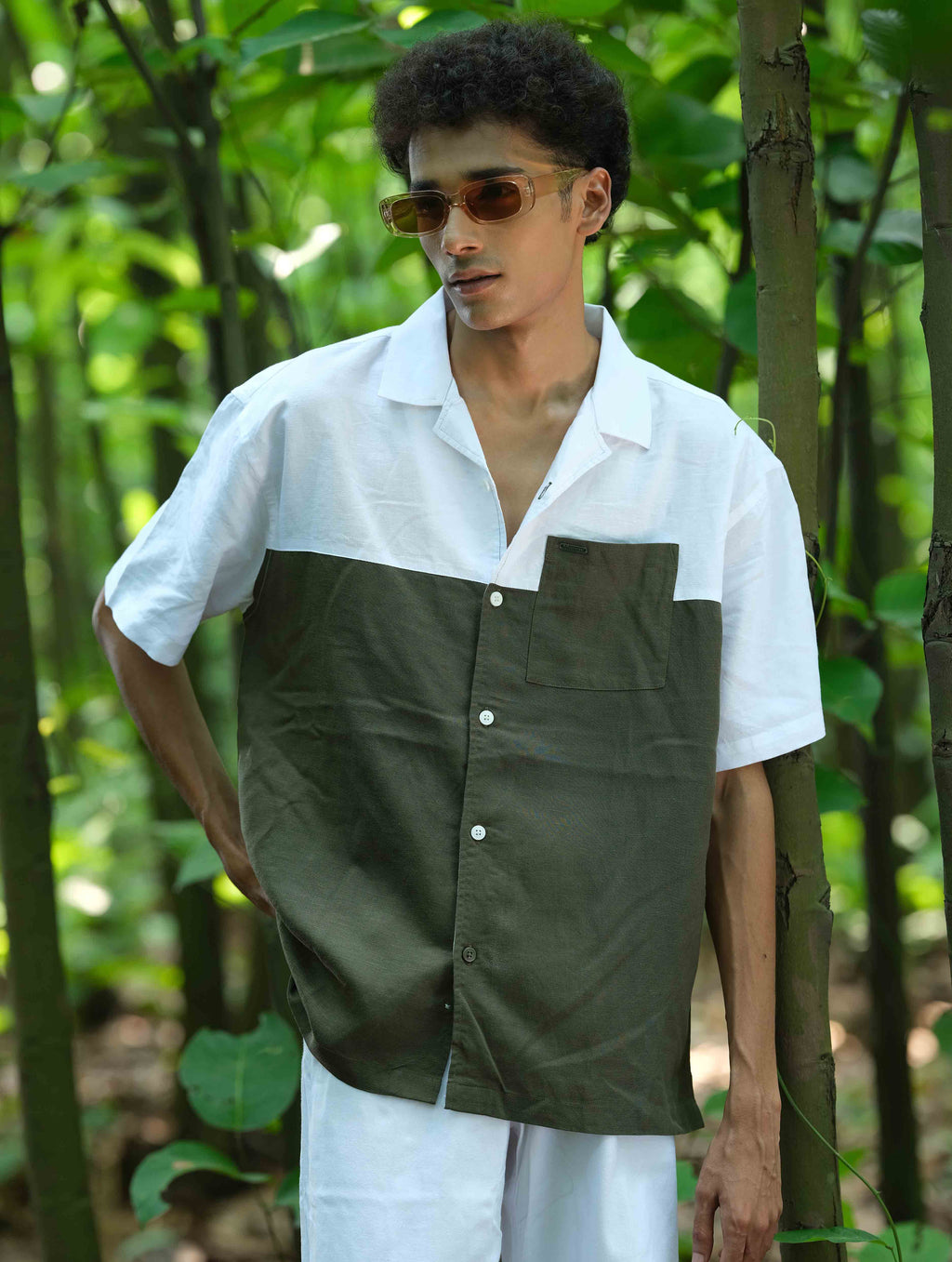 White- Green Contrast Remi Cotton Havana Shirt