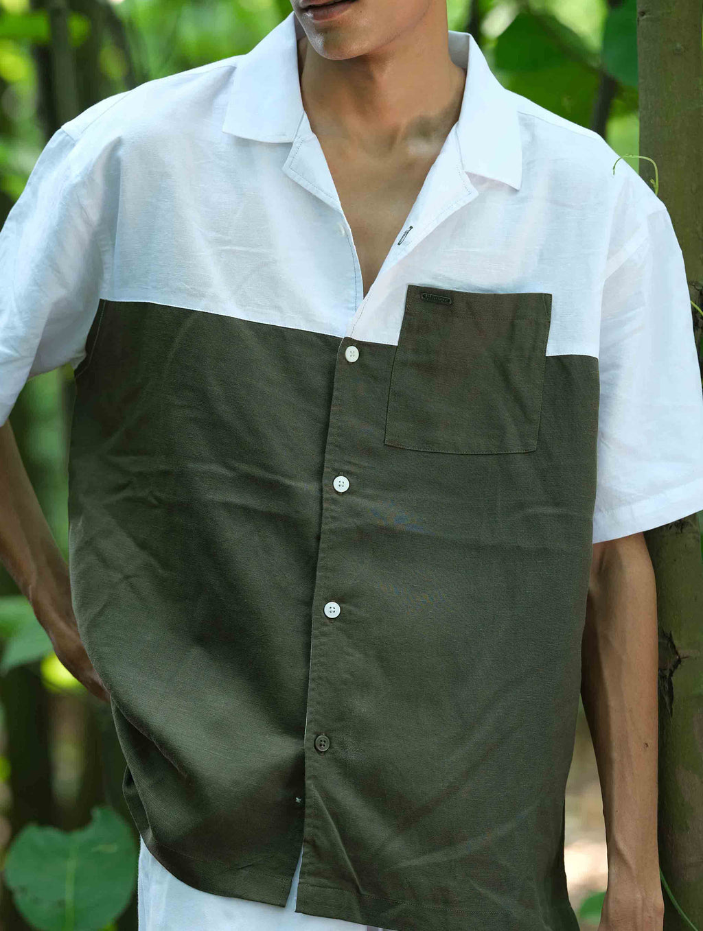 White- Green Contrast Remi Cotton Havana Shirt