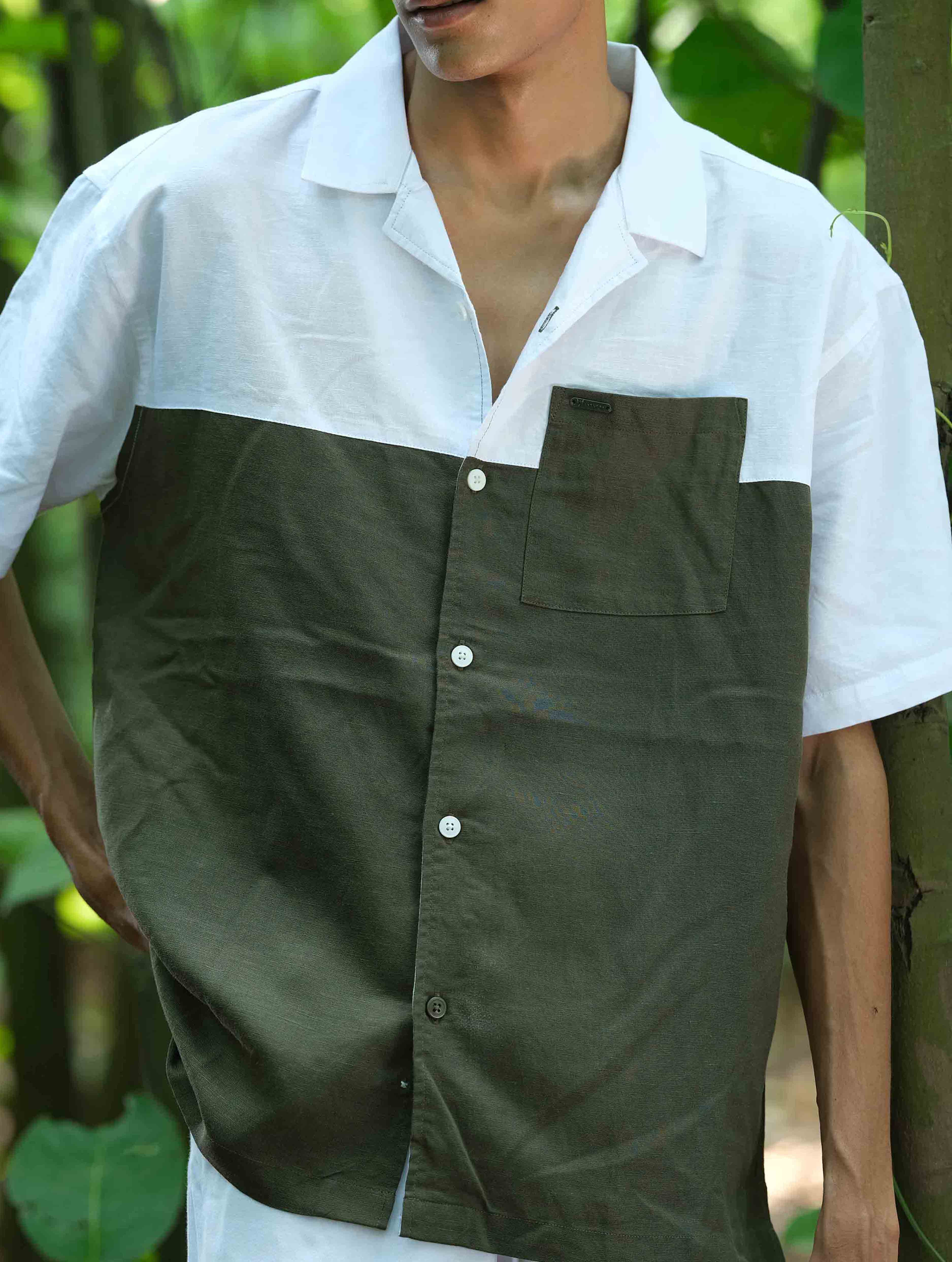 White- Green Contrast Remi Cotton Havana Shirt