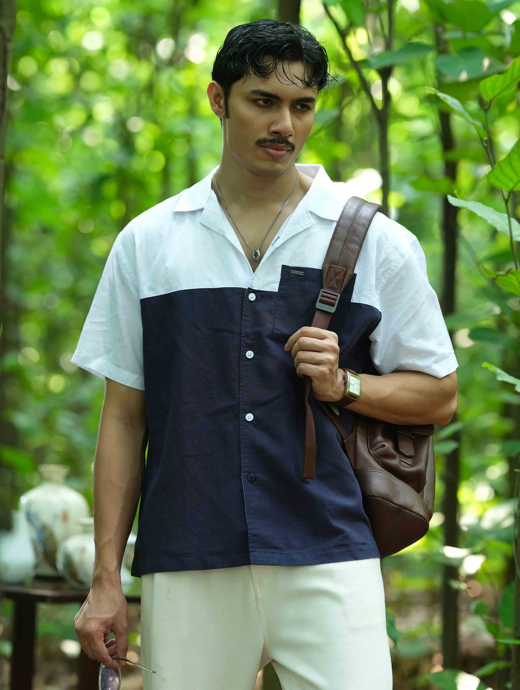 White - Navy Blue Contrast Remi Cotton Havana Shirt