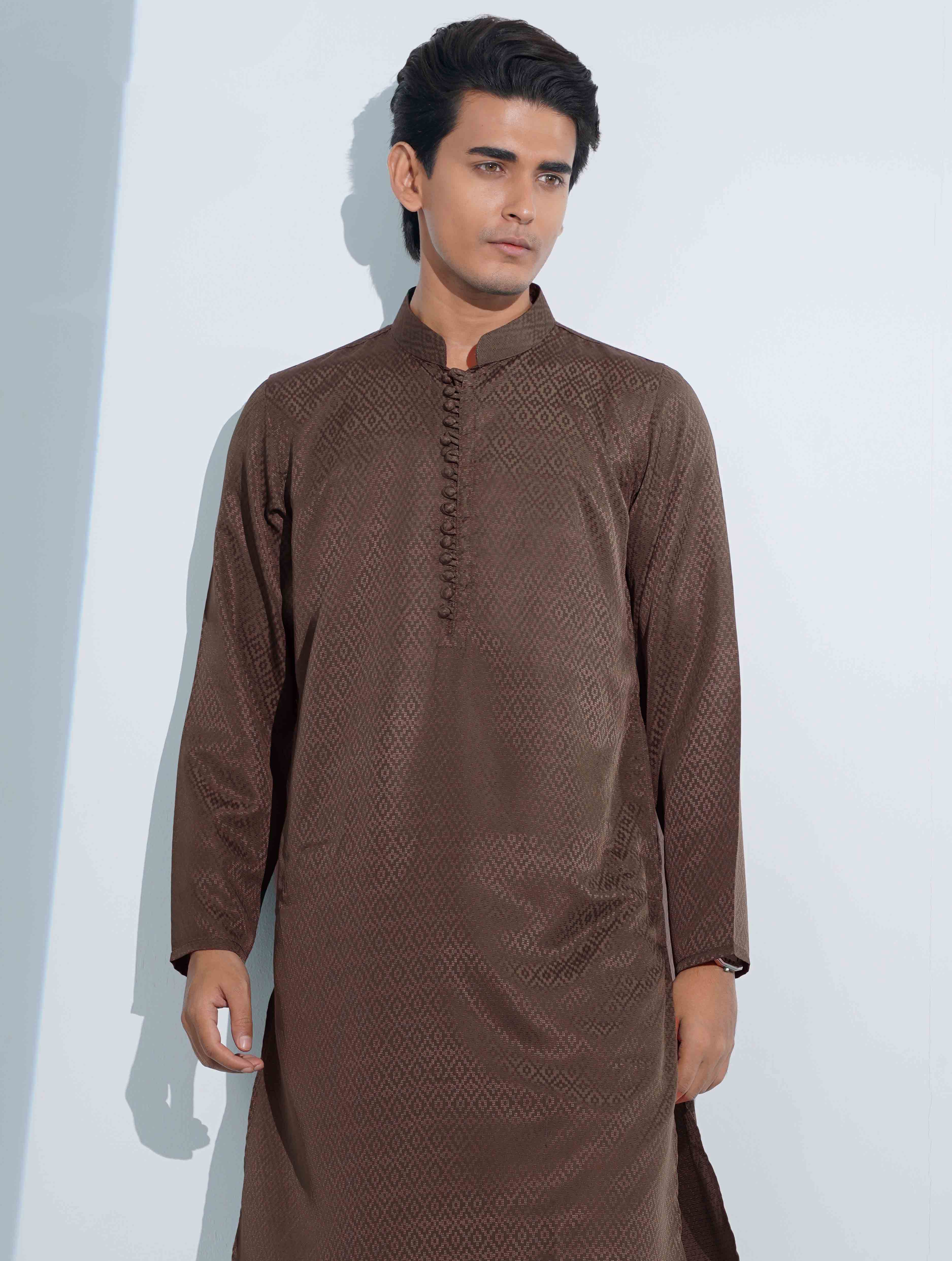 Cappuccino Brown Aesthetic Solid Studs Button Panjabi